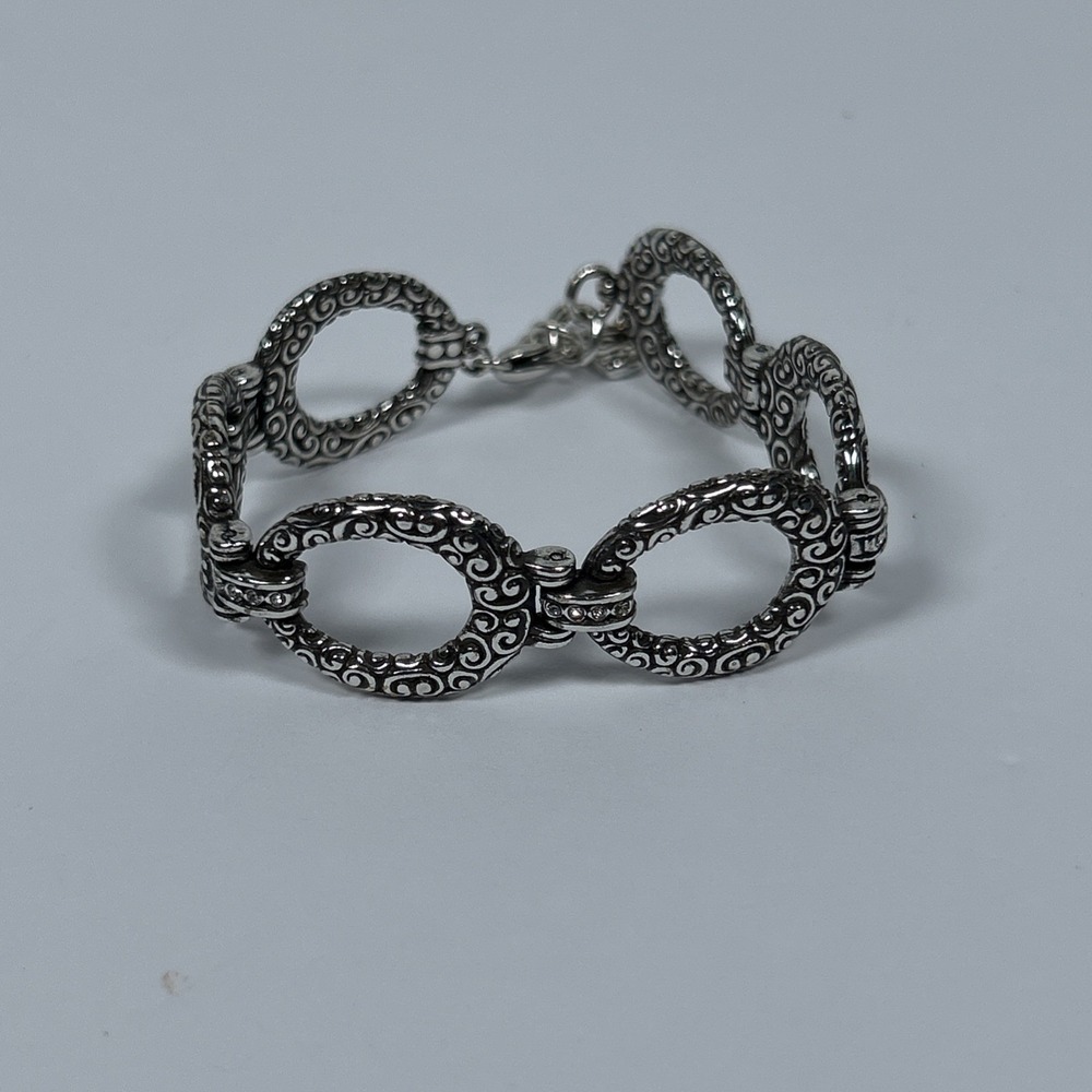 Brighton CHER Silver Tone Scroll Etched Oval Links Bracelet